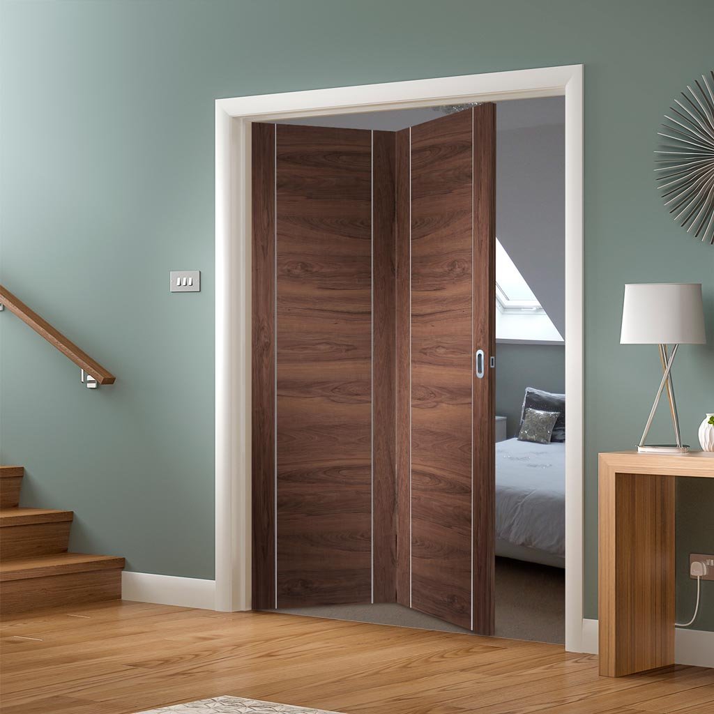 Bespoke Thrufold Forli Walnut Flush Folding 2+0 Door - Aluminium Inlay - Prefinished