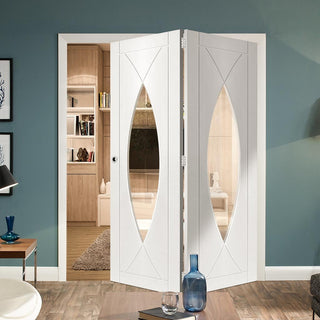 Image: Two Folding Doors & Frame Kit - Pesaro Flush 2+0 - Clear Glass - White Primed