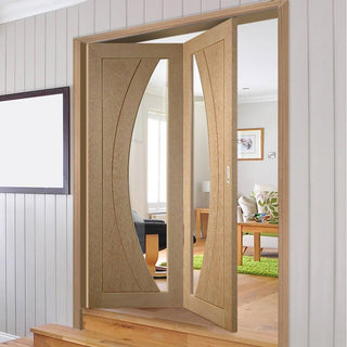Image: Two Folding Doors & Frame Kit - Salerno Oak 2+0 - Clear Glass - Prefinished
