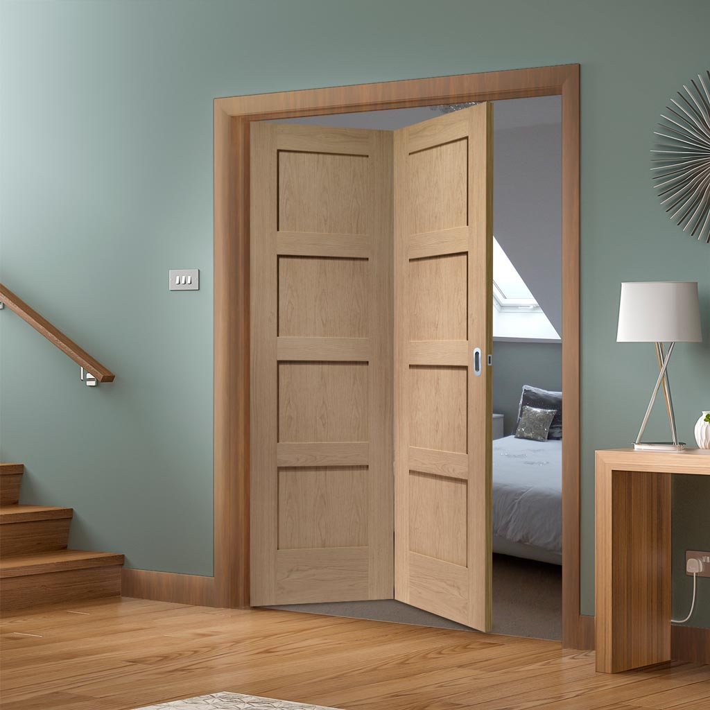 Two Folding Doors & Frame Kit - Shaker Oak 4 Panel 2+0 - Prefinished