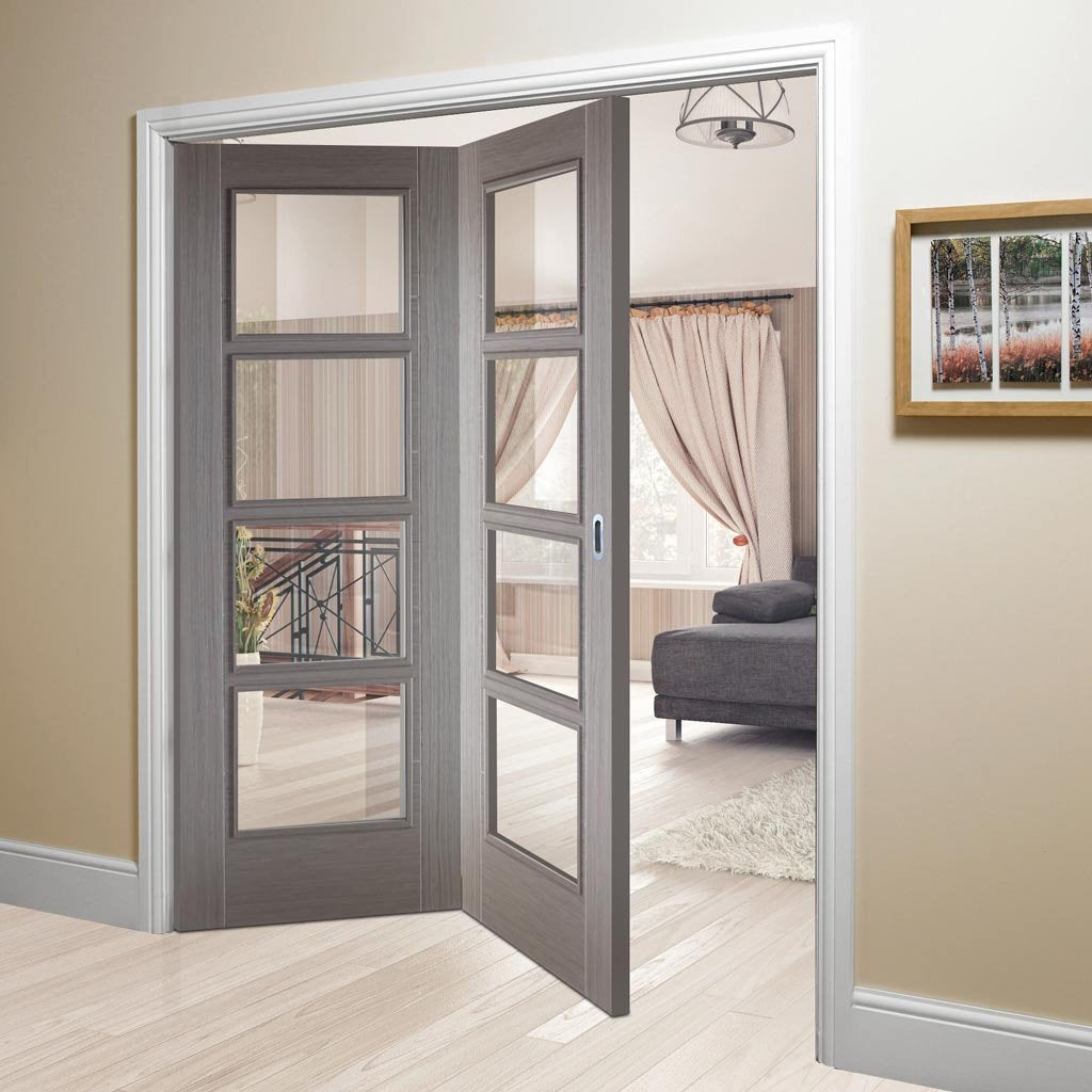 Two Folding Doors & Frame Kit - Vancouver Light Grey 2+0 - Clear Glass - Prefinished