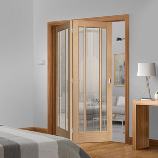Image: Two Folding Doors & Frame Kit - Worcester Oak 3 Pane 2+0 - Clear Glass - Prefinished