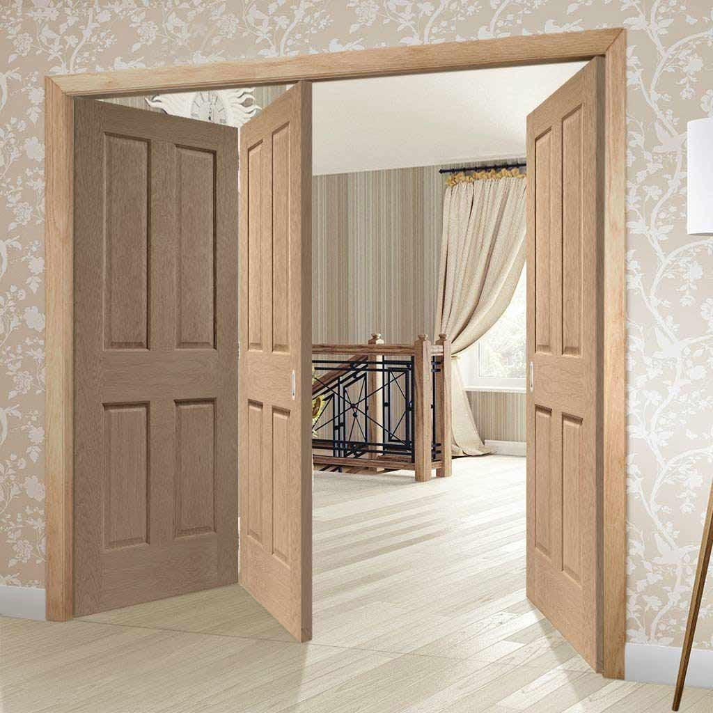 Three Folding Doors & Frame Kit - Victorian Oak 4 Panel 2+1 - No Raised Mouldings - Prefinished