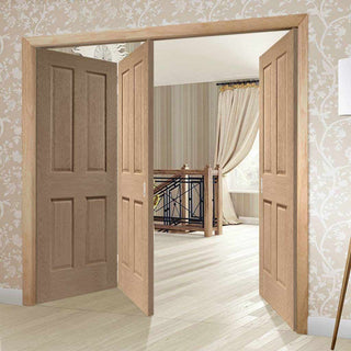 Image: Three Folding Doors & Frame Kit - Victorian Oak 4 Panel 2+1 - No Raised Mouldings - Prefinished