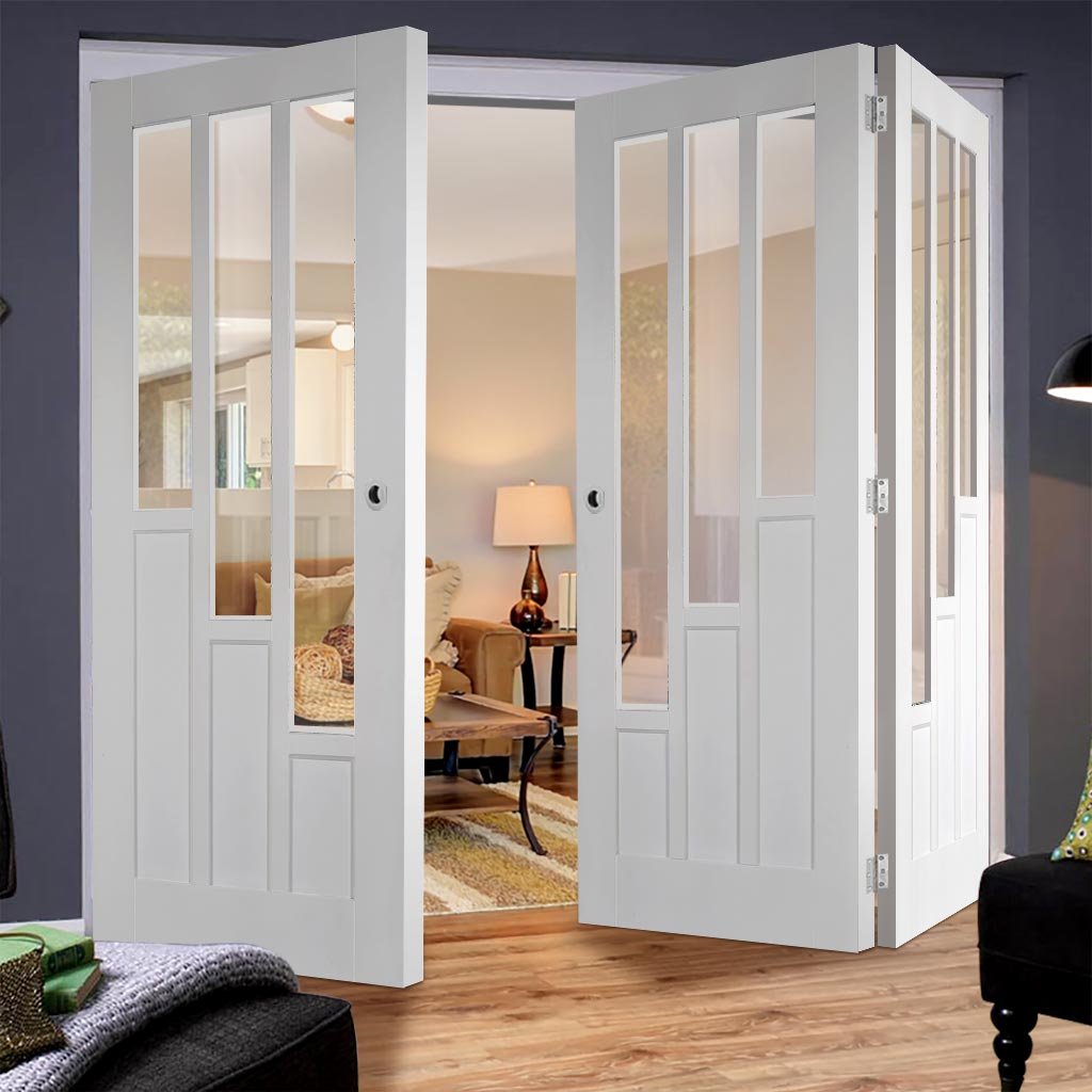 Three Folding Doors & Frame Kit - Coventry 2+1 Folding Door- Clear Glass - White Primed