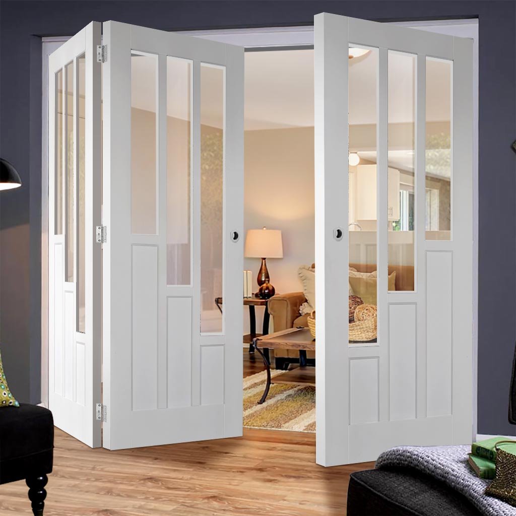 Three Folding Doors & Frame Kit - Coventry 2+1 Folding Door- Clear Glass - White Primed