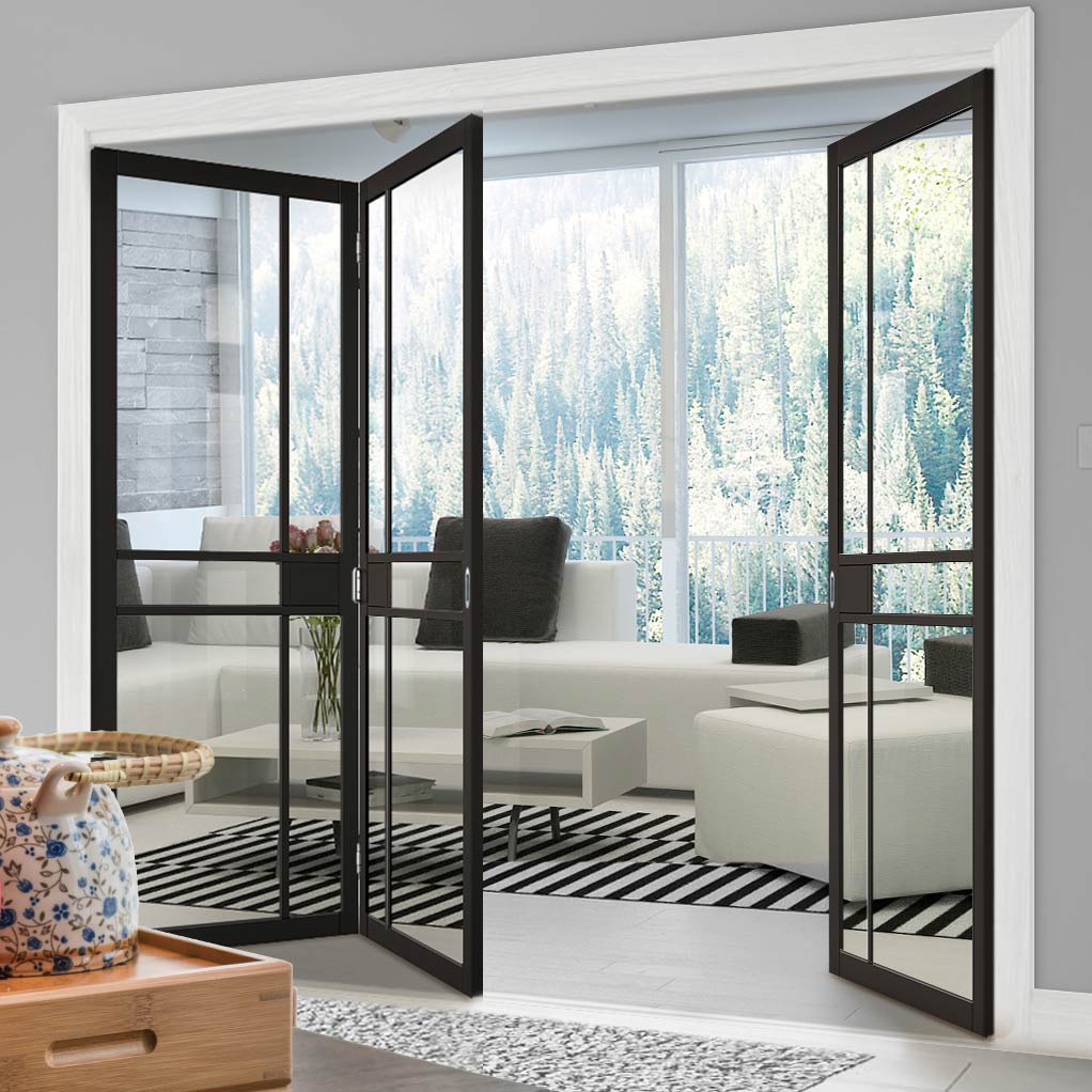 Three Folding Doors & Frame Kit - Greenwich 2+1 - Clear Glass - Black Primed