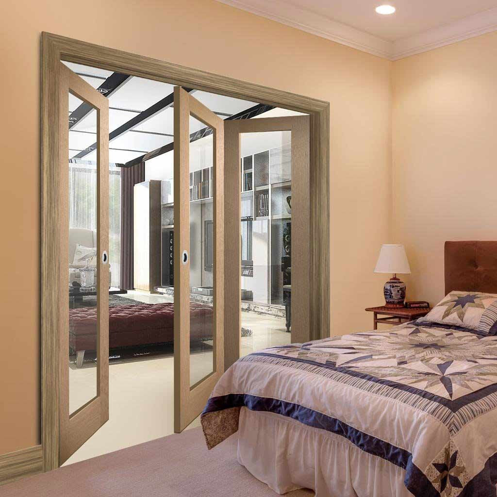 Three Folding Doors & Frame Kit - Pattern 10 Oak 2+1 - Clear Glass - Prefinished