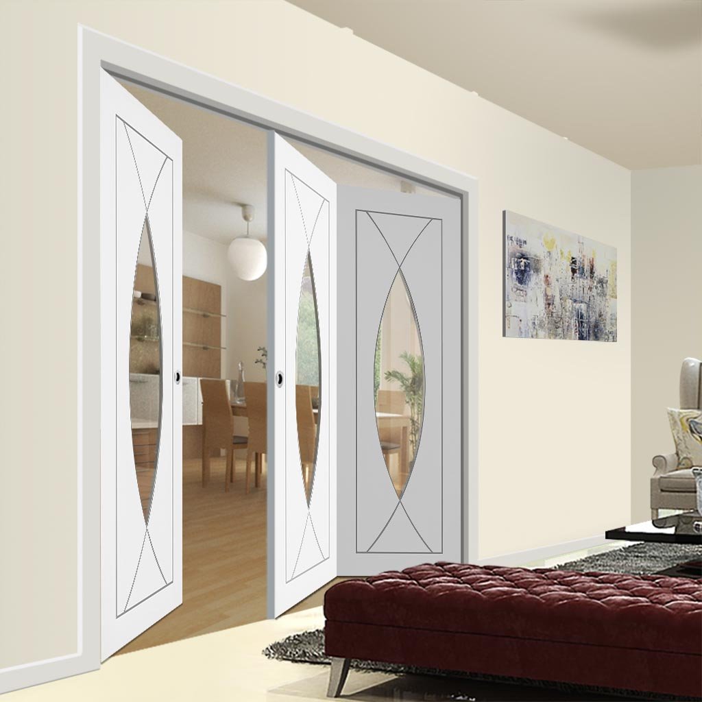 Three Folding Doors & Frame Kit - Pesaro Flush 2+1 - Clear Glass - White Primed