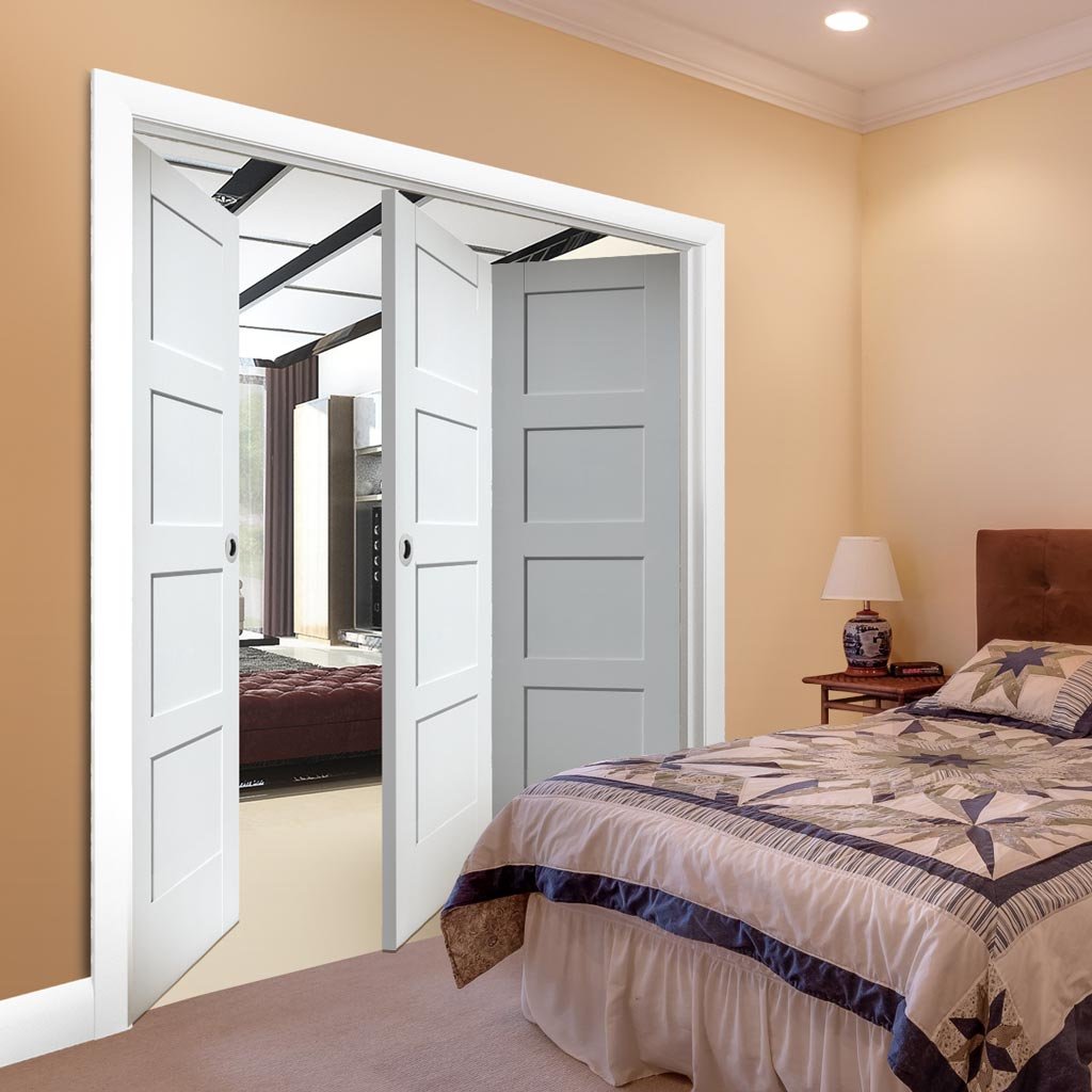 Three Folding Doors & Frame Kit - Shaker 4 Panel 2+1 - White Primed