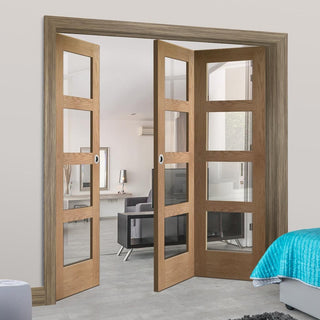 Image: Three Folding Doors & Frame Kit - Shaker Oak 4 Pane 2+1 - Clear Glass - Unfinished