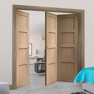 Image: Three Folding Doors & Frame Kit - Shaker Oak 4 Panel Solid 2+1 - Unfinished