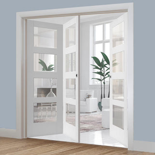 Image: Three Folding Doors & Frame Kit - Shaker 4 Pane 2+1 - Clear Glass - White Primed