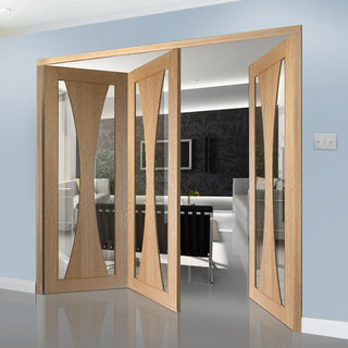 Image: Three Folding Doors & Frame Kit - Verona Oak 2+1 - Clear Glass - Prefinished