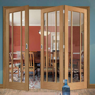 Image: Three Folding Doors & Frame Kit - Worcester Oak 3 Pane 2+1 - Clear Glass - Unfinished