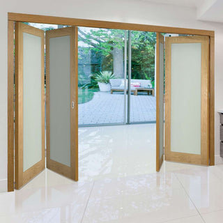 Image: Four Folding Doors & Frame Kit - Walden Oak 2+2 - Frosted Glass - Unfinished