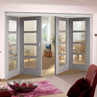 Image: Four Folding Doors & Frame Kit - Vancouver Light Grey 2+2 - Clear Glass - Prefinished