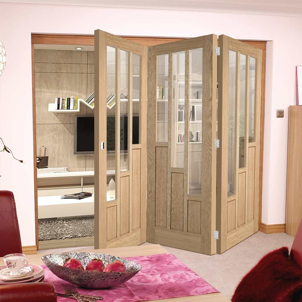 Three Folding Doors & Frame Kit - Coventry Contemporary Oak 3+0 - Clear Glass