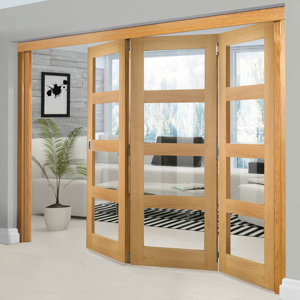 Three Folding Doors & Frame Kit - Coventry Shaker Oak 3+0 - Clear Glass - Unfinished