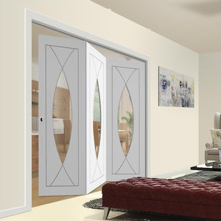 Image: Three Folding Doors & Frame Kit - Pesaro Flush 3+0 - Clear Glass - White Primed