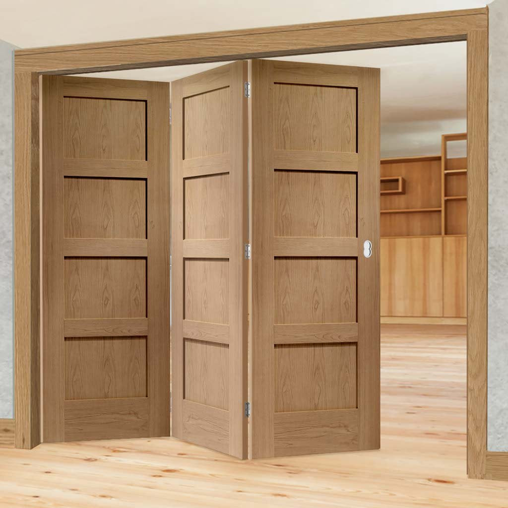 Three Folding Doors & Frame Kit - Shaker Oak 4 Panel Solid 3+0 - Unfinished