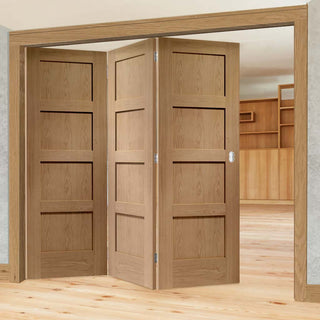 Image: Bespoke Thrufold Shaker Oak 4 Panel Folding 3+0 Door - Prefinished
