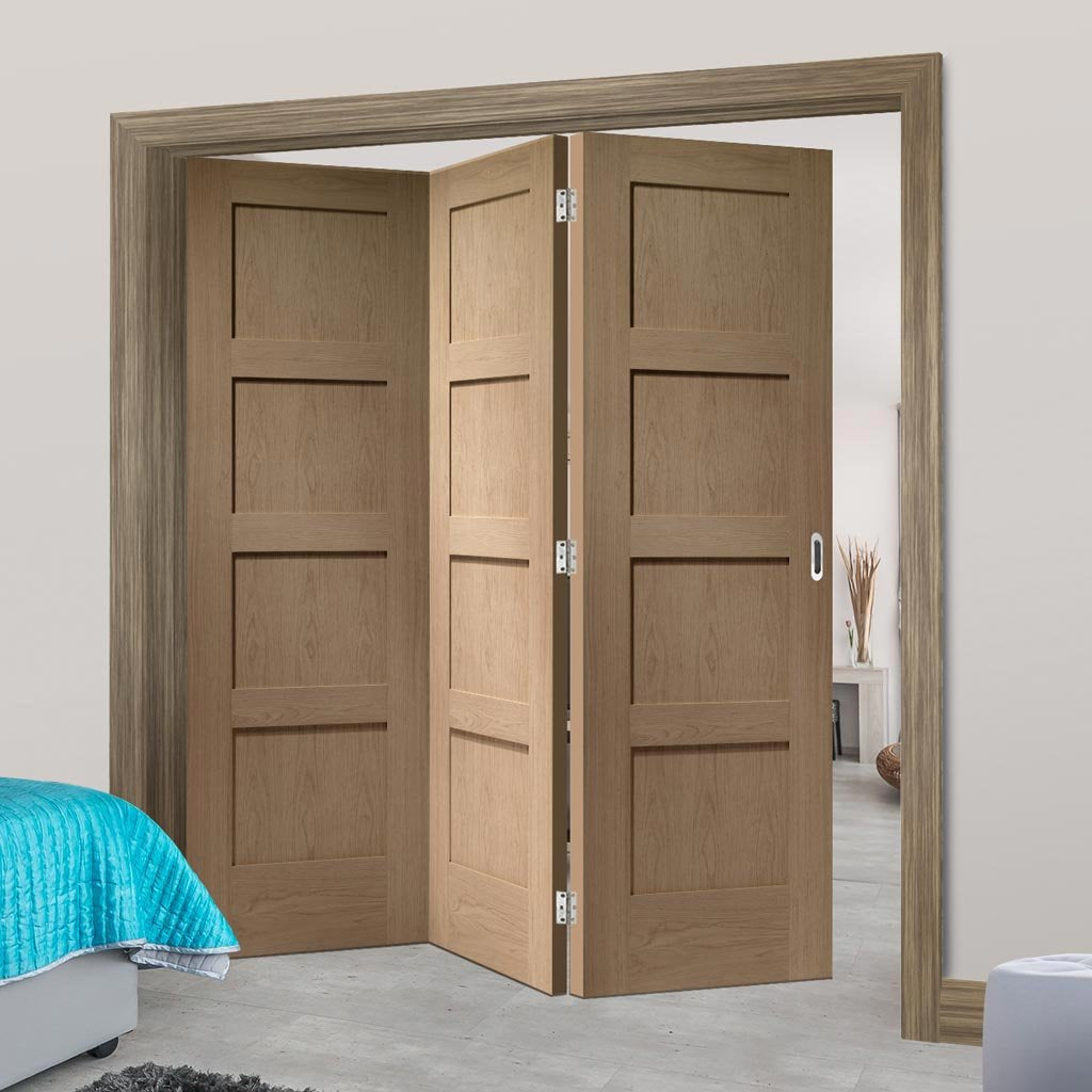 Three Folding Doors & Frame Kit - Shaker Oak 4 Panel 3+0 - Prefinished