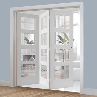 Image: Three Folding Doors & Frame Kit - Shaker 4 Pane 3+0 - Clear Glass - White Primed