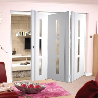 Image: Three Folding Doors & Frame Kit - Sierra Blanco 3+0 - Frosted Glass - White Painted