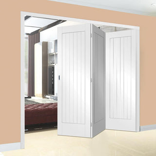 Image: Bespoke Thrufold Suffolk Flush White Primed Folding 3+0 Door
