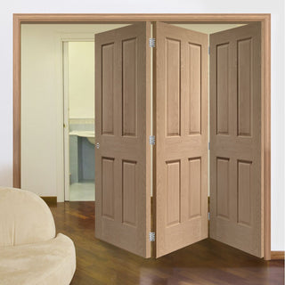 Image: Three Folding Doors & Frame Kit - Victorian Oak 4 Panel 3+0 - No Raised Mouldings - Prefinished