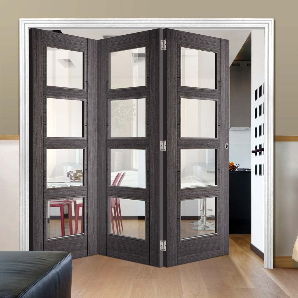 Three Folding Doors & Frame Kit - Vancouver 4 Pane Ash Grey 3+0 - Clear Glass - Prefinished