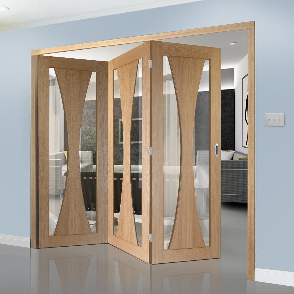 Three Folding Doors & Frame Kit - Verona Oak 3+0 - Clear Glass - Prefinished