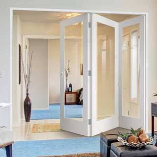 Image: Three Folding Doors & Frame Kit - Cesena White 1 Pane 3+0 - Clear Bevelled Glass - Prefinished