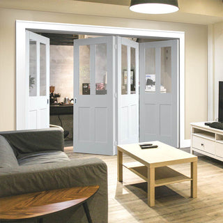 Image: Four Folding Doors & Frame Kit - Malton Shaker 3+1 - Clear Glass - White Primed