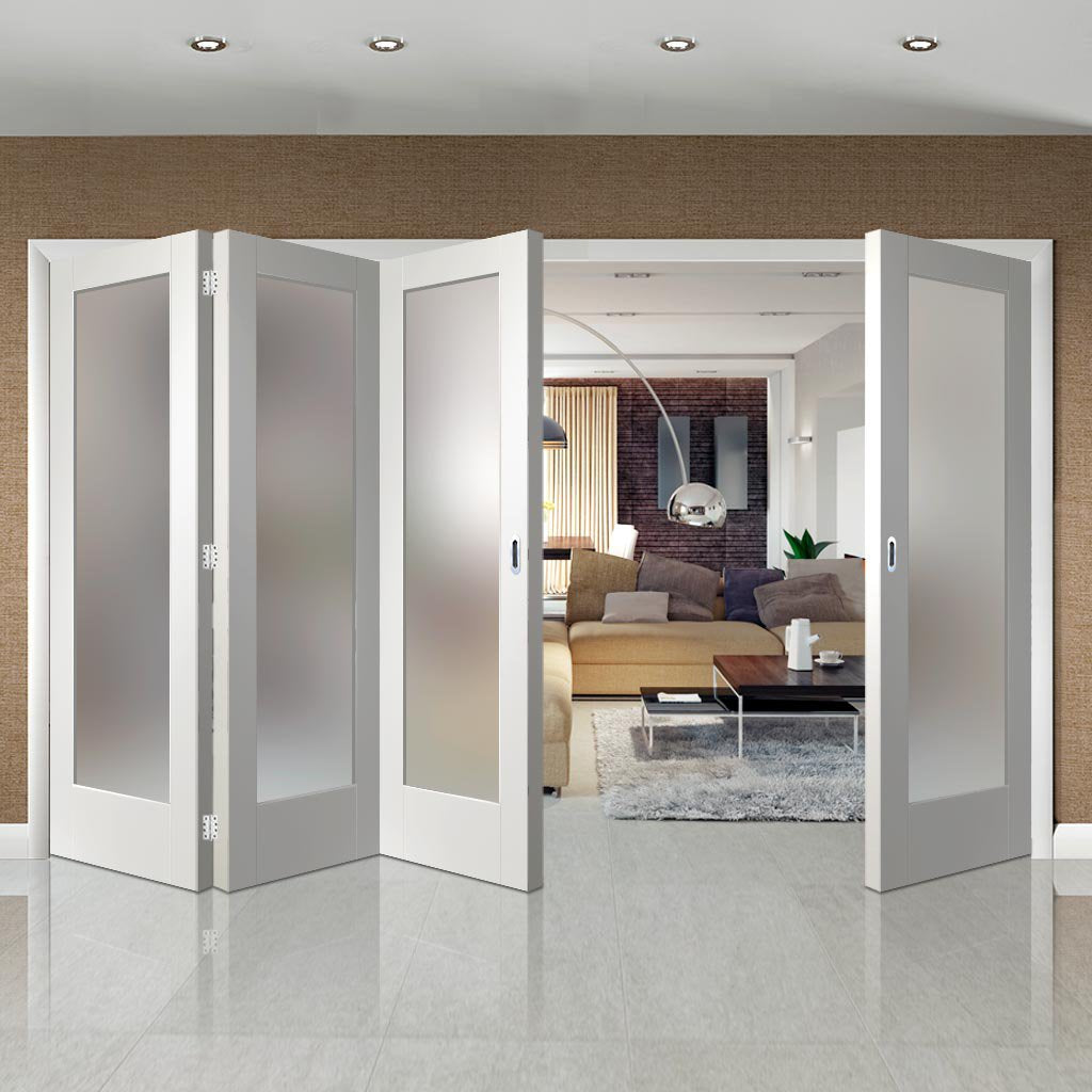 Four Folding Doors & Frame Kit - Pattern 10 Full Pane 3+1 - Obscure Glass - White Primed