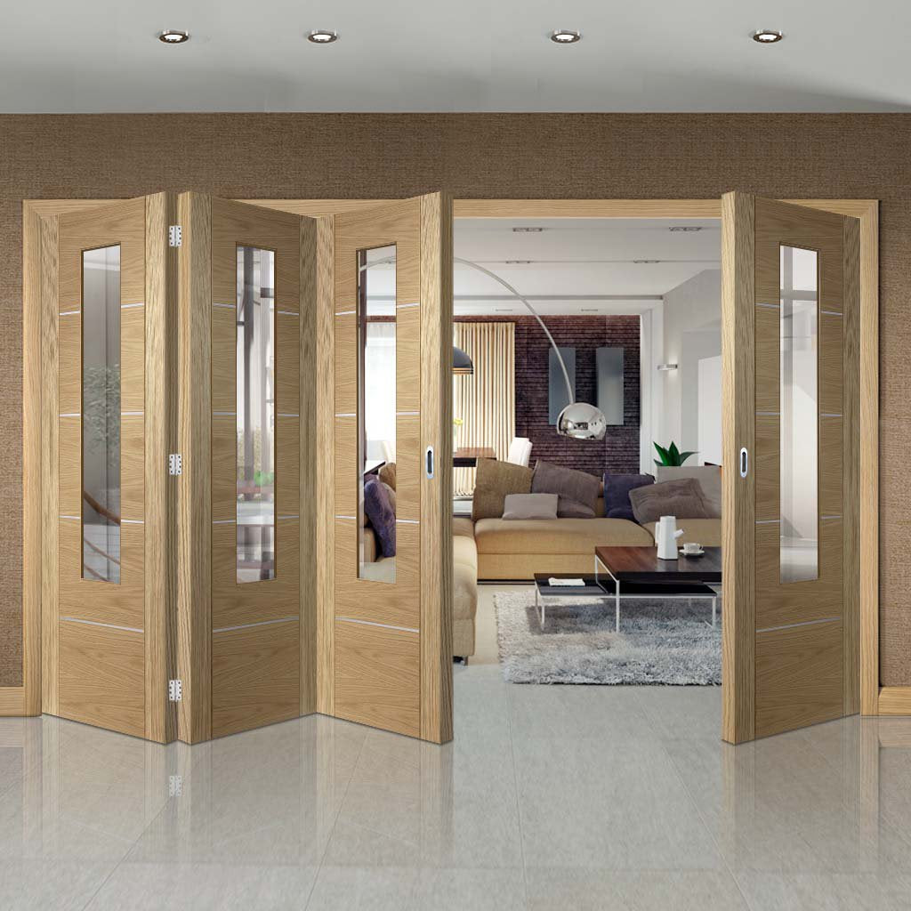 Four Folding Doors & Frame Kit - Portici Oak Flush 3+1 - Aluminium Inlay & Clear Glass - Prefinished