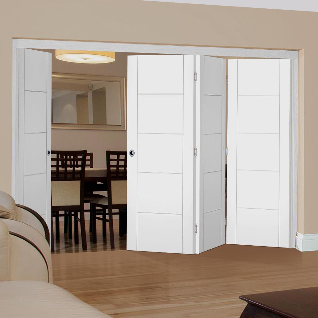 Four Folding Doors & Frame Kit - Portici White Flush 3+1 - Aluminium Inlay - Prefinished