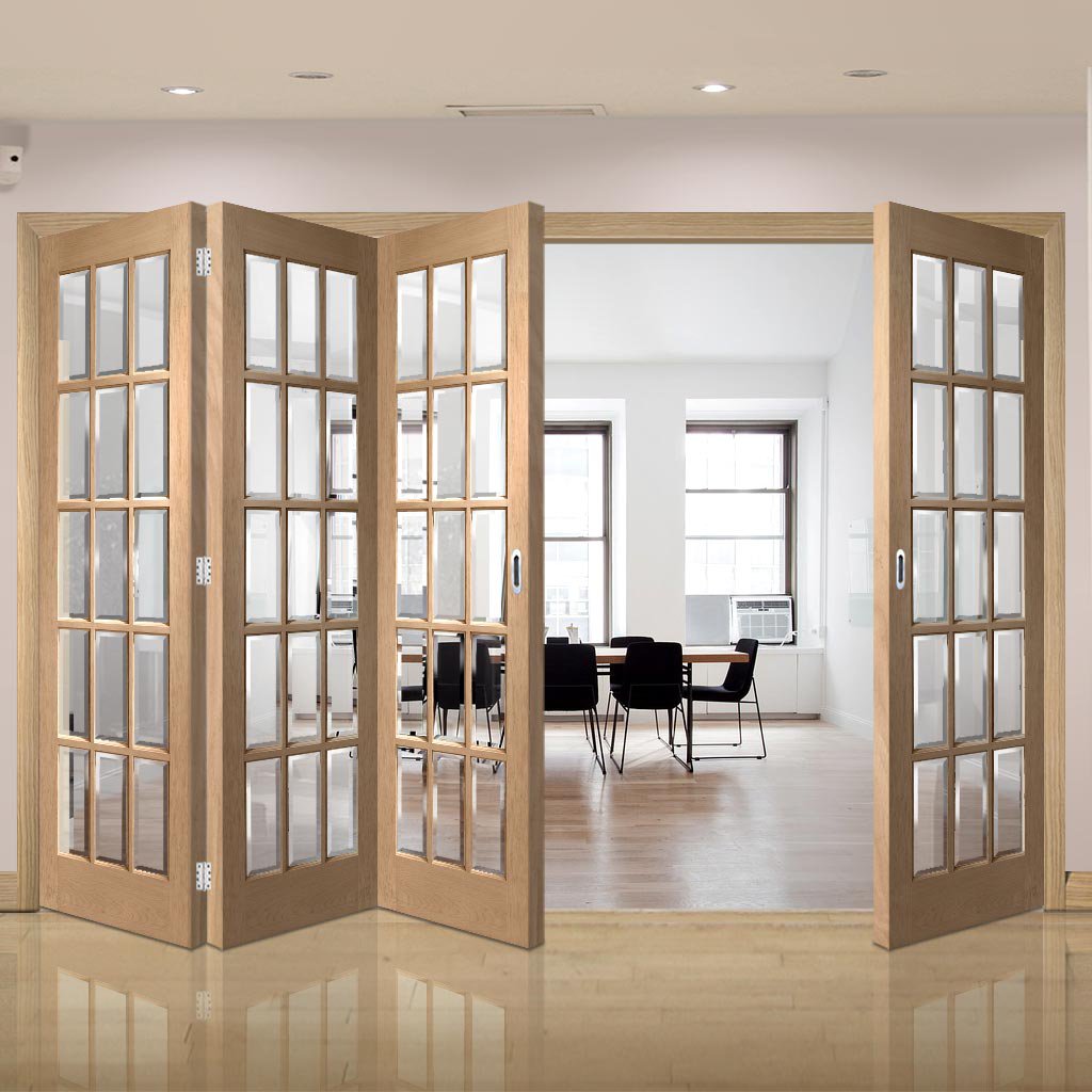 Four Folding Doors & Frame Kit - SA 15L Oak 3+1 - Bevelled Clear Glass - Unfinished