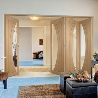 Image: Four Folding Doors & Frame Kit - Salerno Oak 3+1 - Clear Glass - Prefinished
