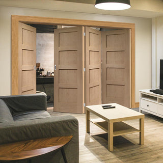 Image: Four Folding Doors & Frame Kit - Shaker Oak 4 Panel 3+1 - Prefinished