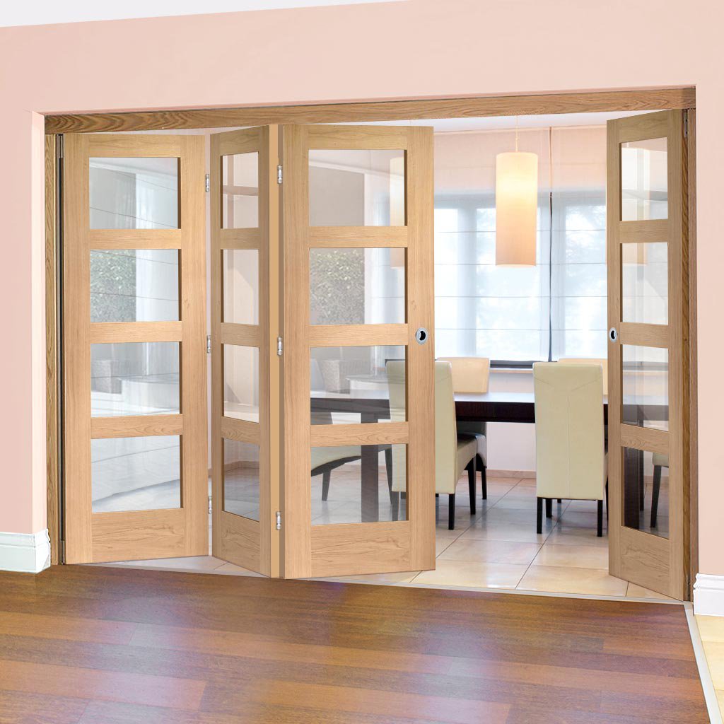 Four Folding Doors & Frame Kit - Shaker Oak 4 Pane 3+1 - Clear Glass - Unfinished