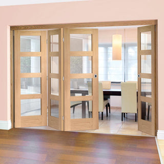 Image: Four Folding Doors & Frame Kit - Shaker Oak 4 Pane 3+1 - Clear Glass - Unfinished