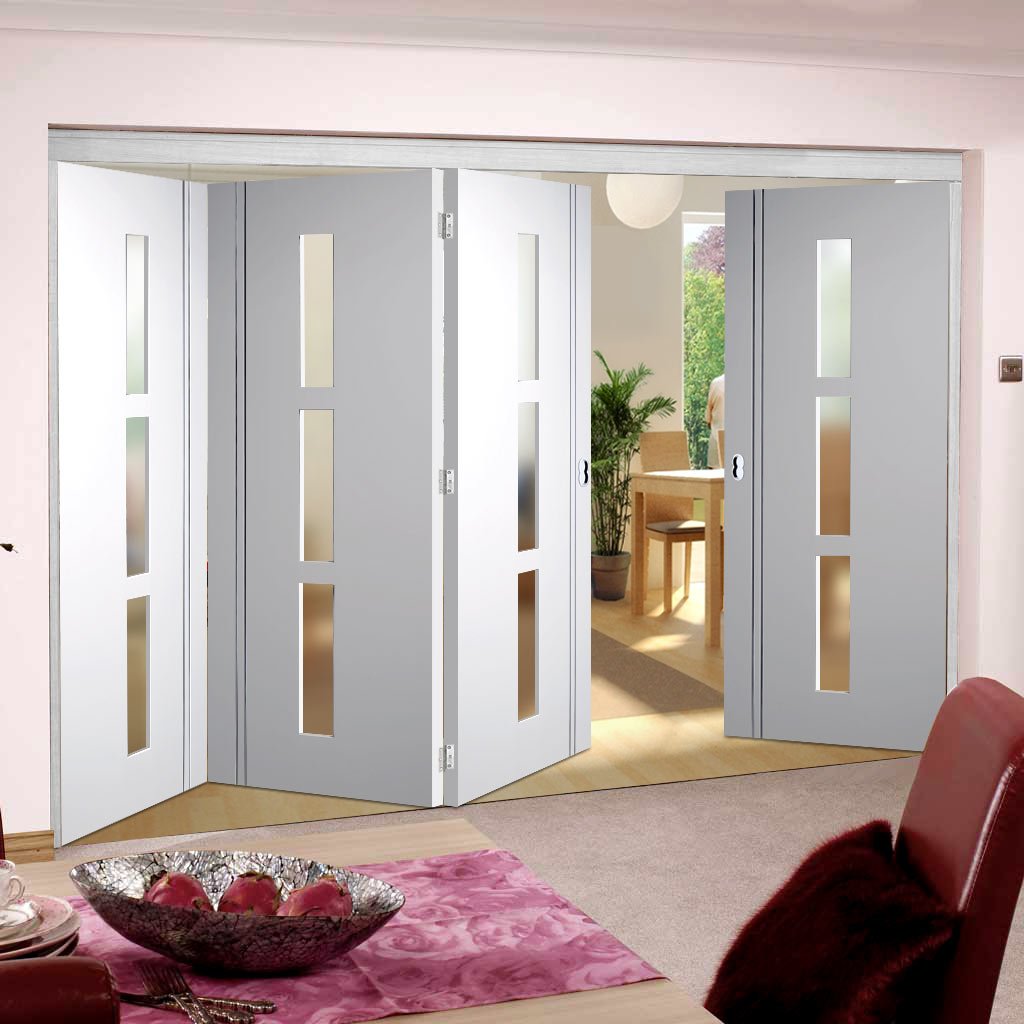 Four Folding Doors & Frame Kit - Sierra Blanco 3+1 - Frosted Glass - White Painted