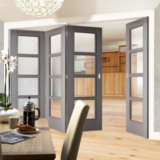 Image: Four Folding Doors & Frame Kit - Vancouver Light Grey 3+1 - Clear Glass - Prefinished