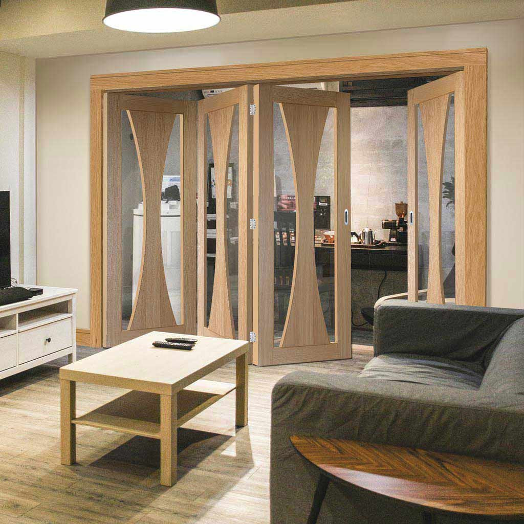 Four Folding Doors & Frame Kit - Verona Oak 3+1 - Clear Glass - Prefinished