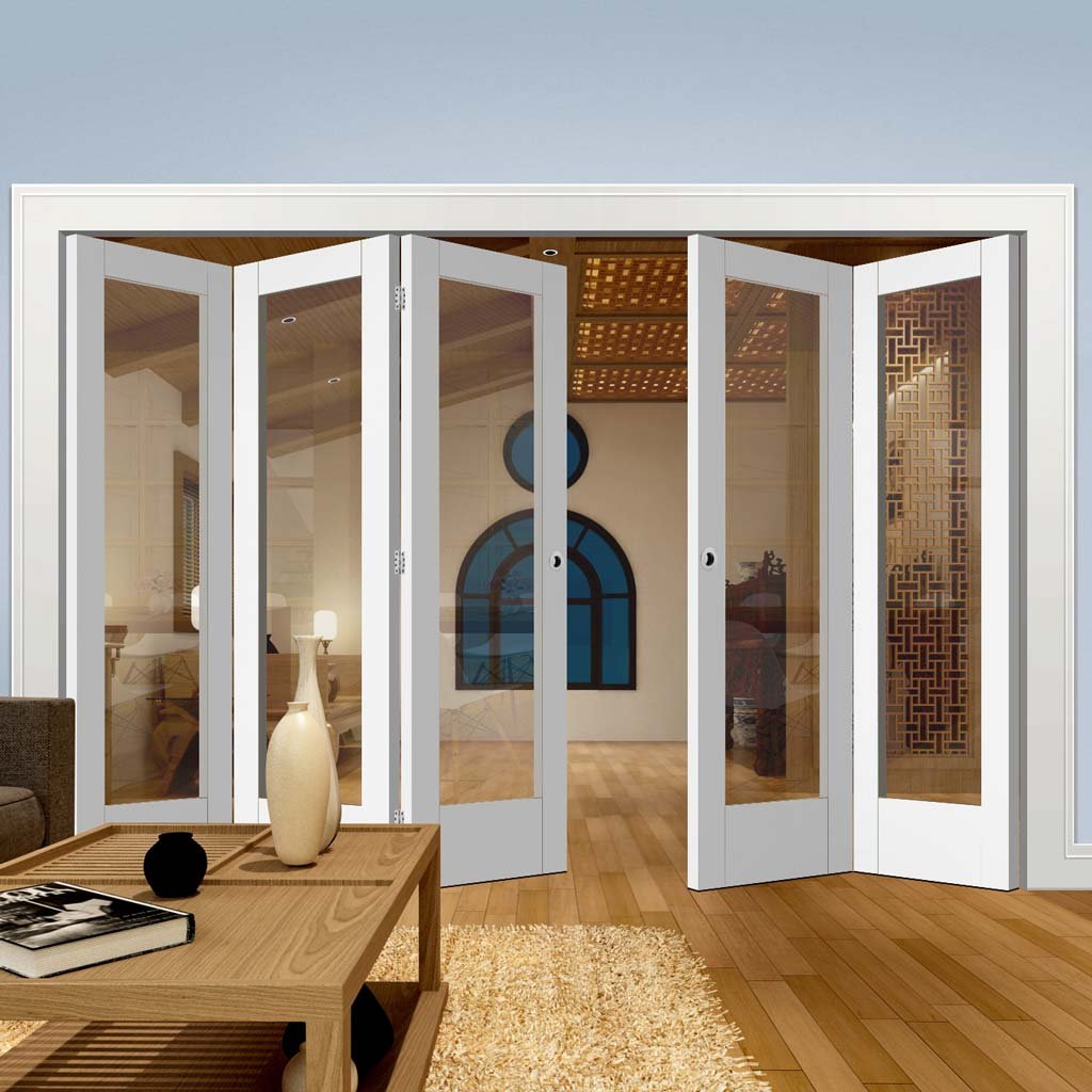 Five Folding Doors & Frame Kit - Pattern 10 3+2 - Clear Glass - White Primed