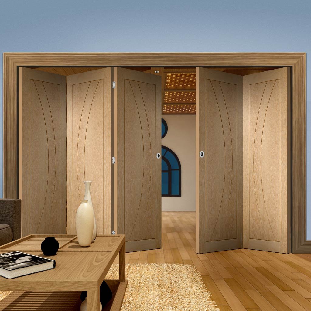 Five Folding Doors & Frame Kit - Salerno Oak Flush 3+2 - Prefinished