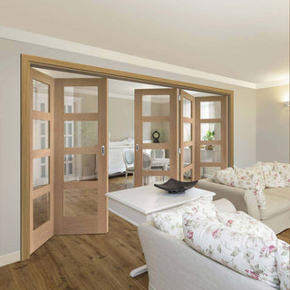 Image: Five Folding Doors & Frame Kit - Shaker Oak 4 Pane 3+2 - Clear Glass - Prefinished