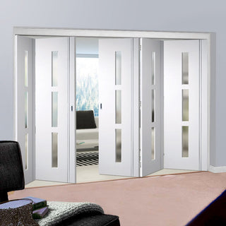 Image: Five Folding Doors & Frame Kit - Sierra Blanco 3+2 - Frosted Glass - White Painted